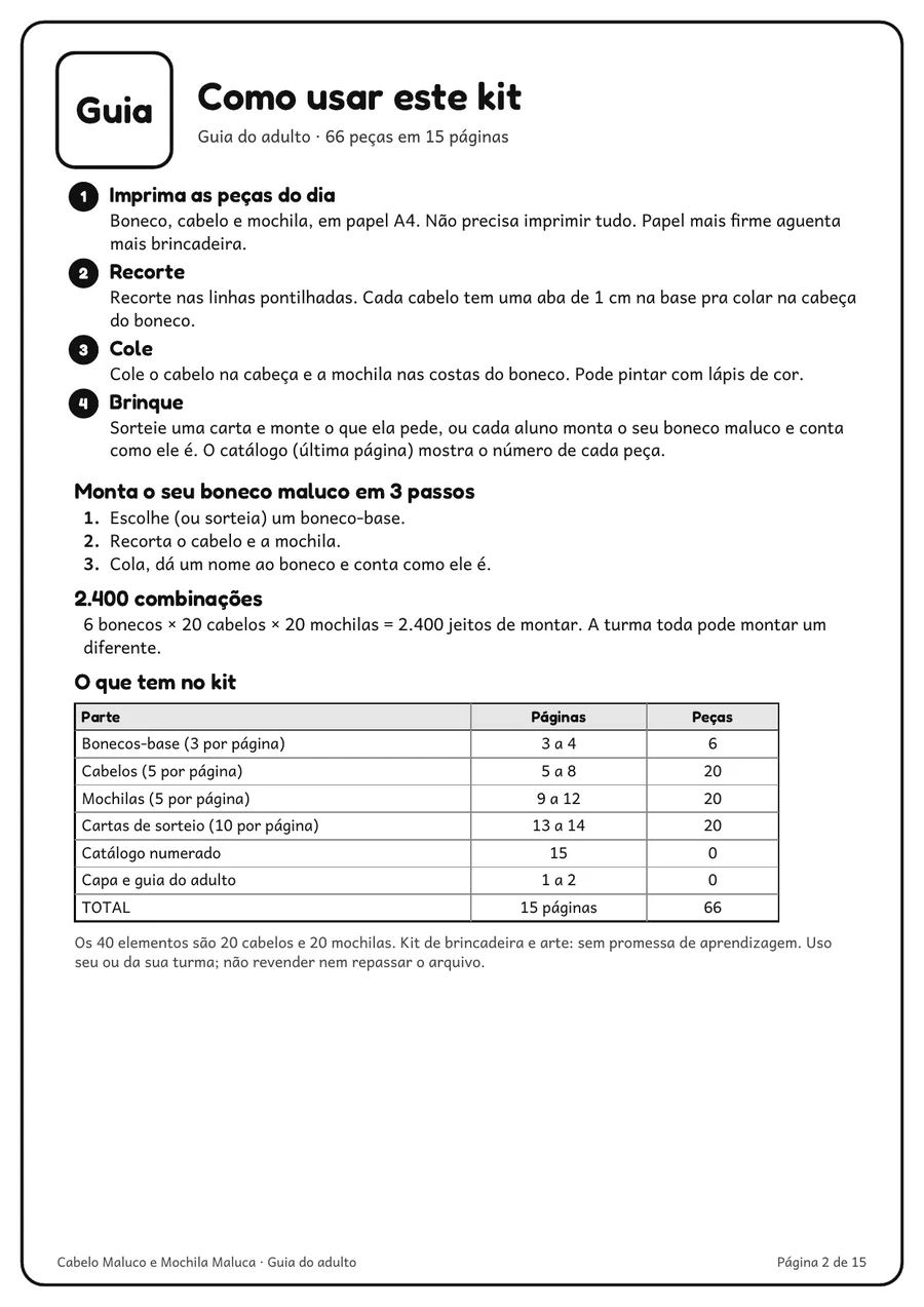 Guia do adulto do kit, em 1 página, com os passos imprimir, recortar, colar e brincar
