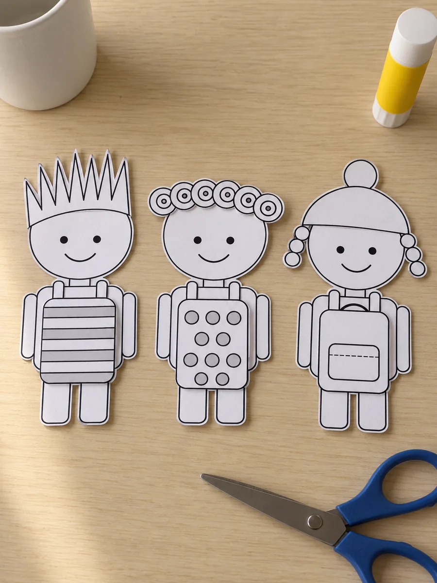 Três bonecos de papel montados lado a lado sobre a mesa, cada um com cabelo e mochila diferentes, em linhas pretas pra pintar; tesoura e bastão de cola ao lado
