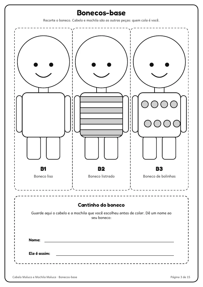 Página real do PDF Cabelo Maluco e Mochila Maluca: folha de bonecos-base com contorno de recorte
