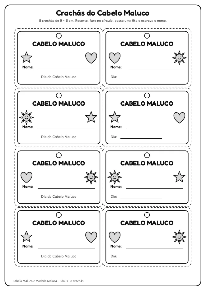 Página real do PDF Cabelo Maluco e Mochila Maluca: folha com 8 crachás pra recortar