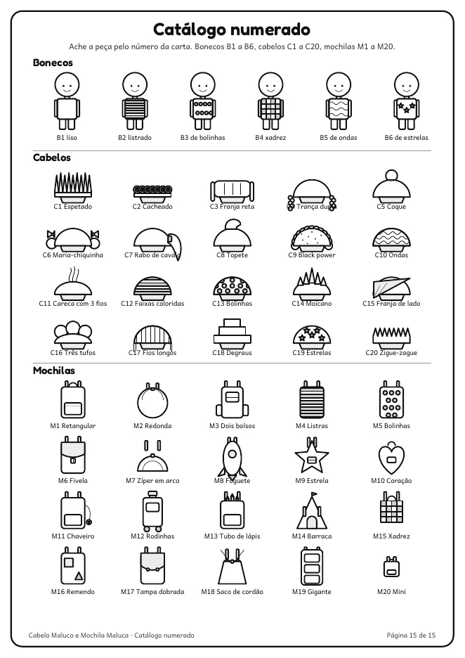 Página real do PDF Cabelo Maluco e Mochila Maluca: catálogo com os 46 ícones numerados