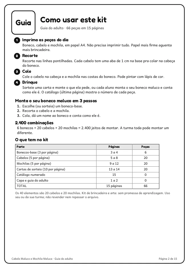 Página real do PDF Cabelo Maluco e Mochila Maluca: guia de 1 página com imprimir, recortar, colar e brincar