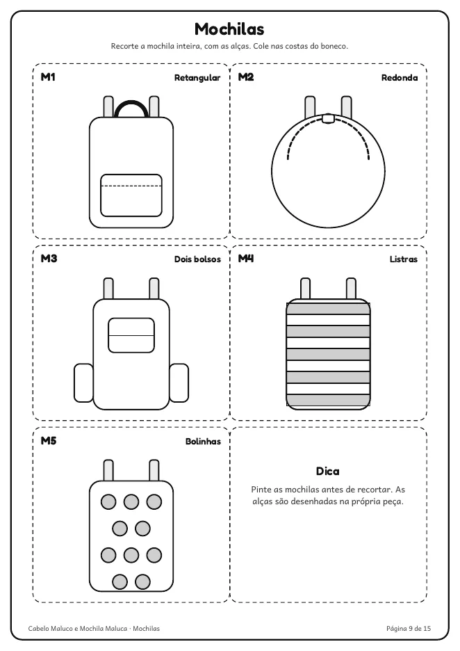 Página real do PDF Cabelo Maluco e Mochila Maluca: folha de mochilas pra recortar