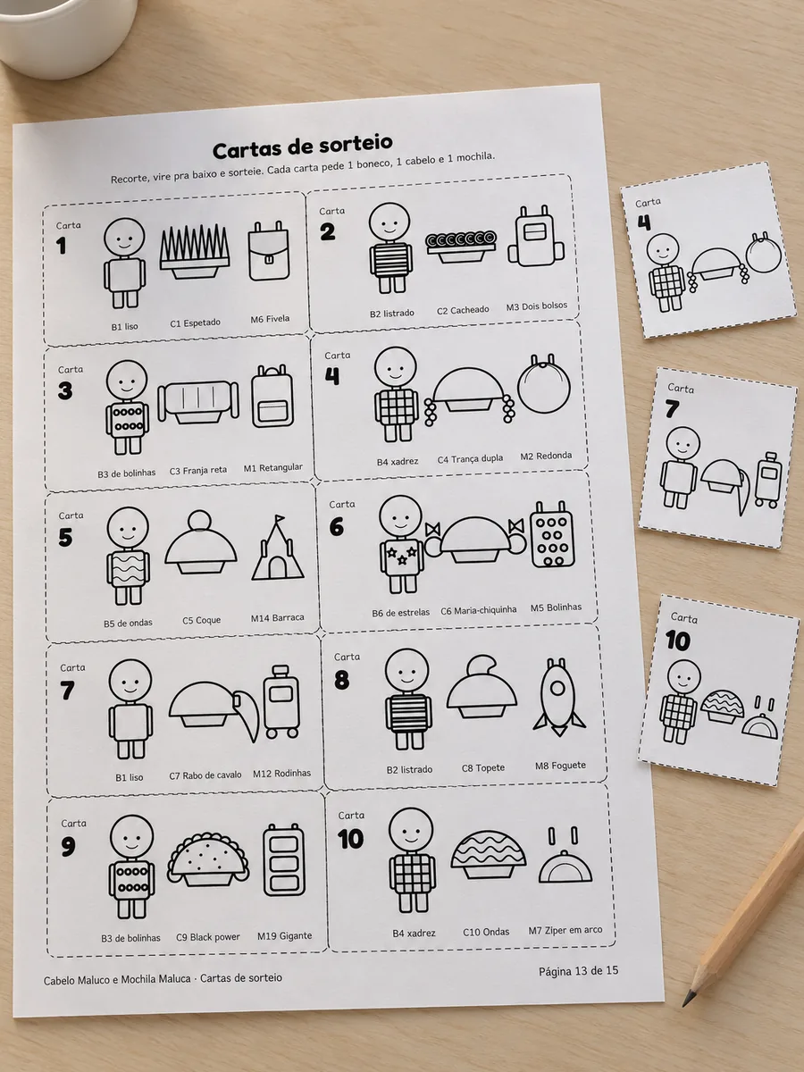 Folha de cartas de sorteio, cada uma com um boneco, um cabelo e uma mochila, e três cartas recortadas ao lado