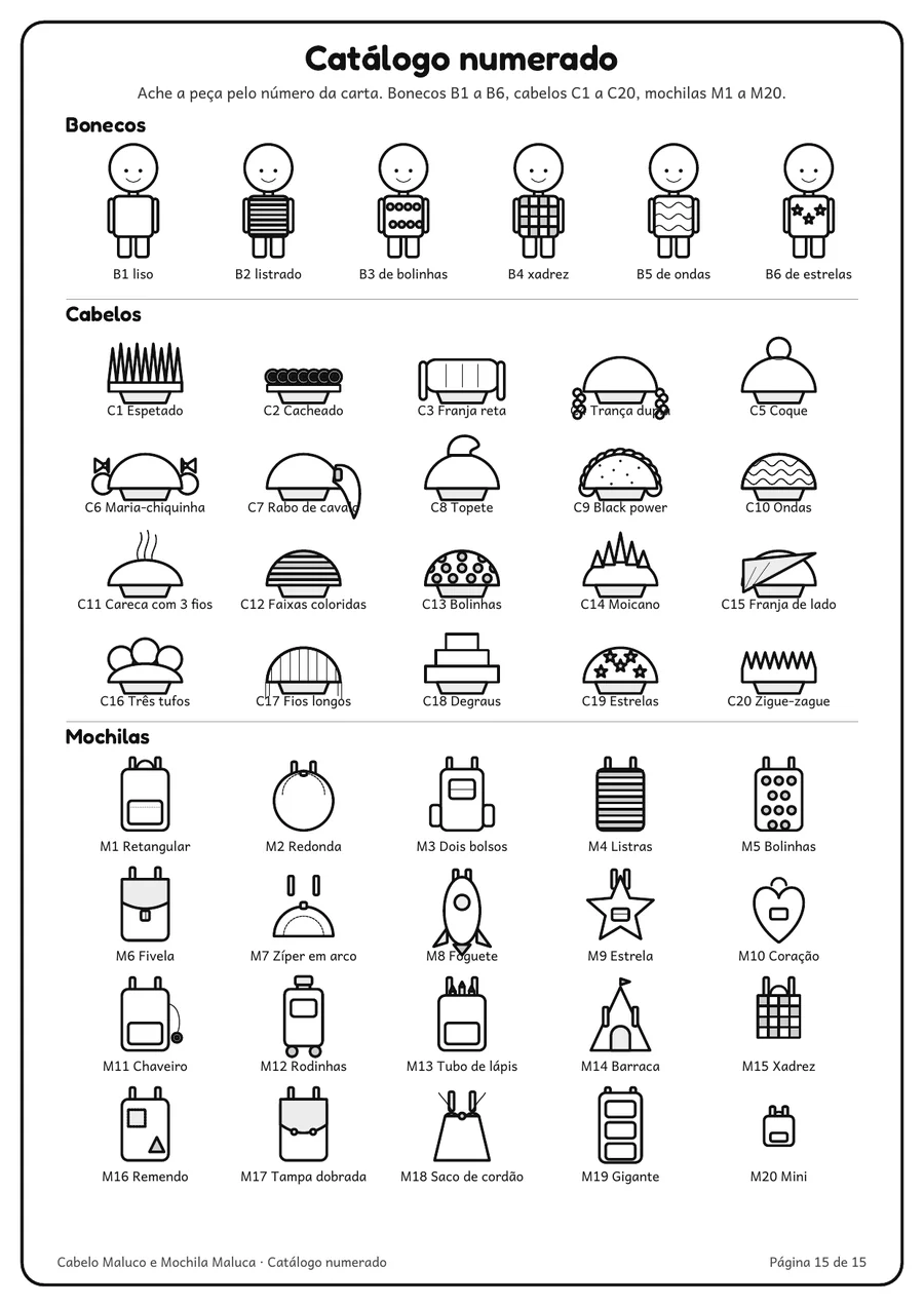 Página do catálogo numerado com os ícones de bonecos, cabelos e mochilas